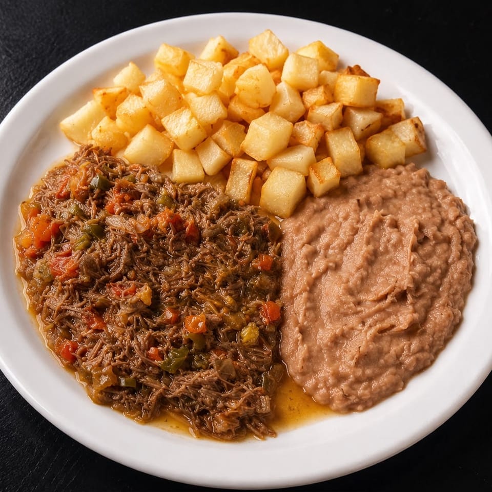 Shredded beef with vegetables, refried beans, and diced fried potatoes on a white plate.