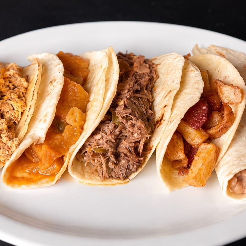 A white plate holds five different tacos, each with a unique filling, on a dark surface.
