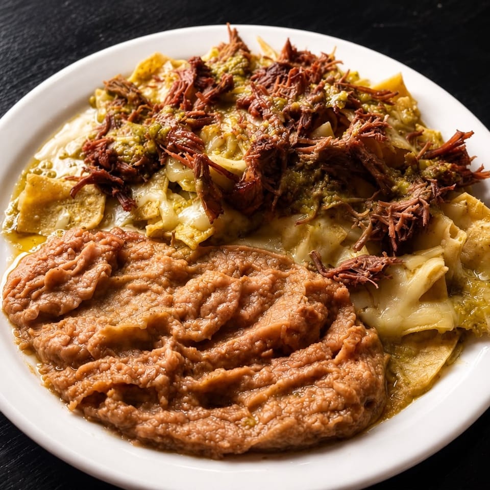 Chilaquiles with shredded beef, green salsa, and refried beans on a white plate.