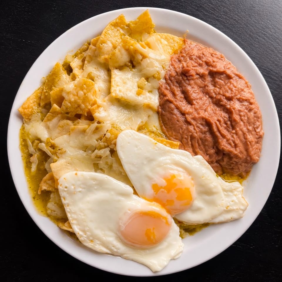 Chilaquiles with green sauce, melted cheese, two fried eggs, and refried beans on a white plate.