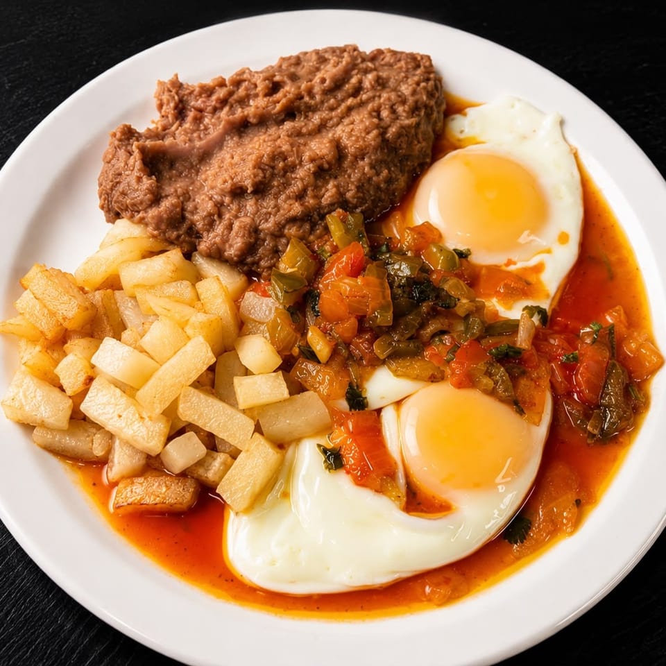 Huevos rancheros with fried eggs, salsa, refried beans, and home fries on a white plate.