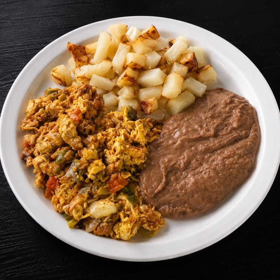 A white plate with scrambled eggs, diced potatoes, and refried beans on a dark surface.