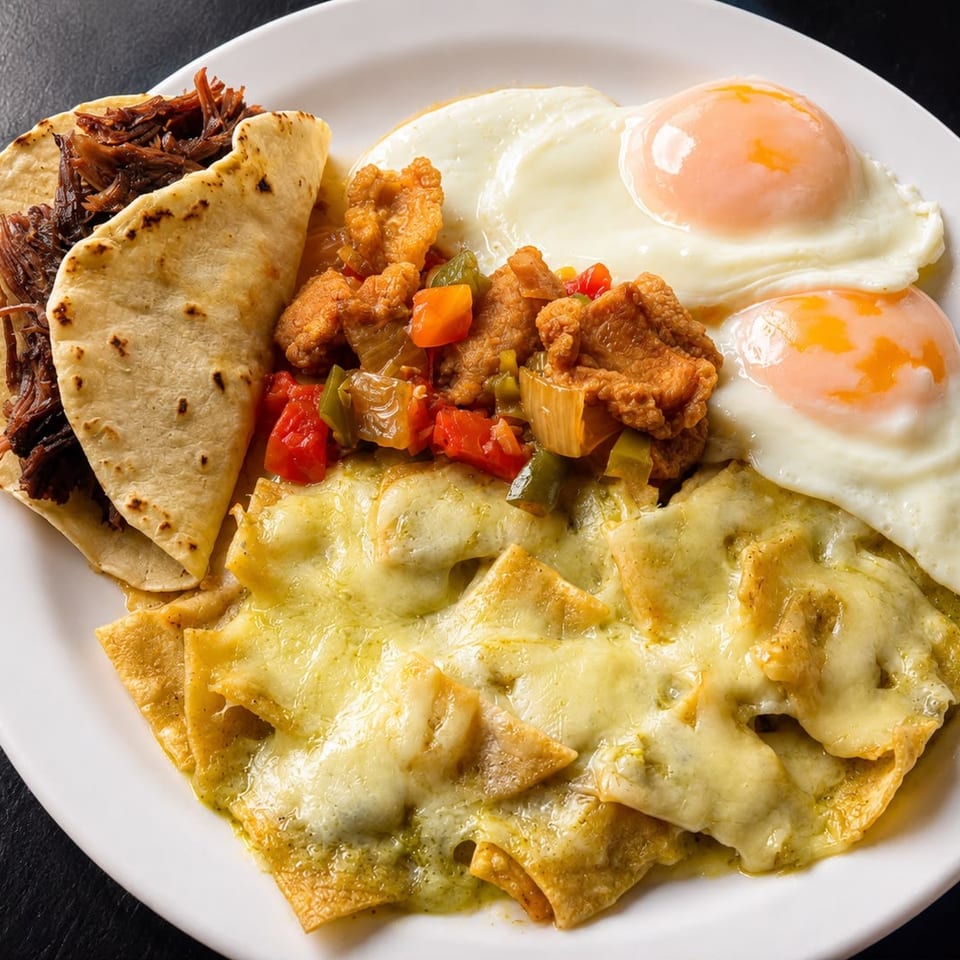 A white plate with a beef taco, chilaquiles, fried chicken, and two fried eggs.