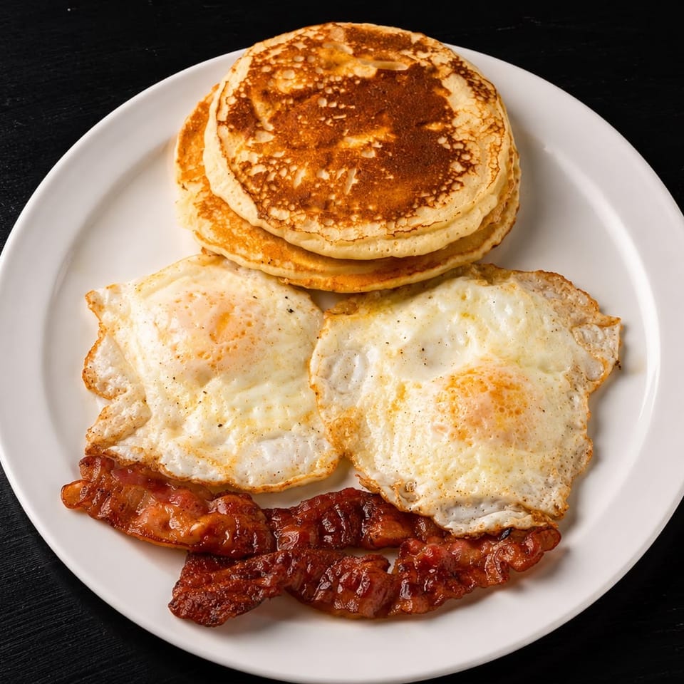 A breakfast plate with a stack of pancakes, two fried eggs, and crispy bacon strips.