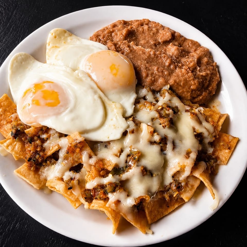 A white plate with chilaquiles topped with melted cheese, two fried eggs, and refried beans.